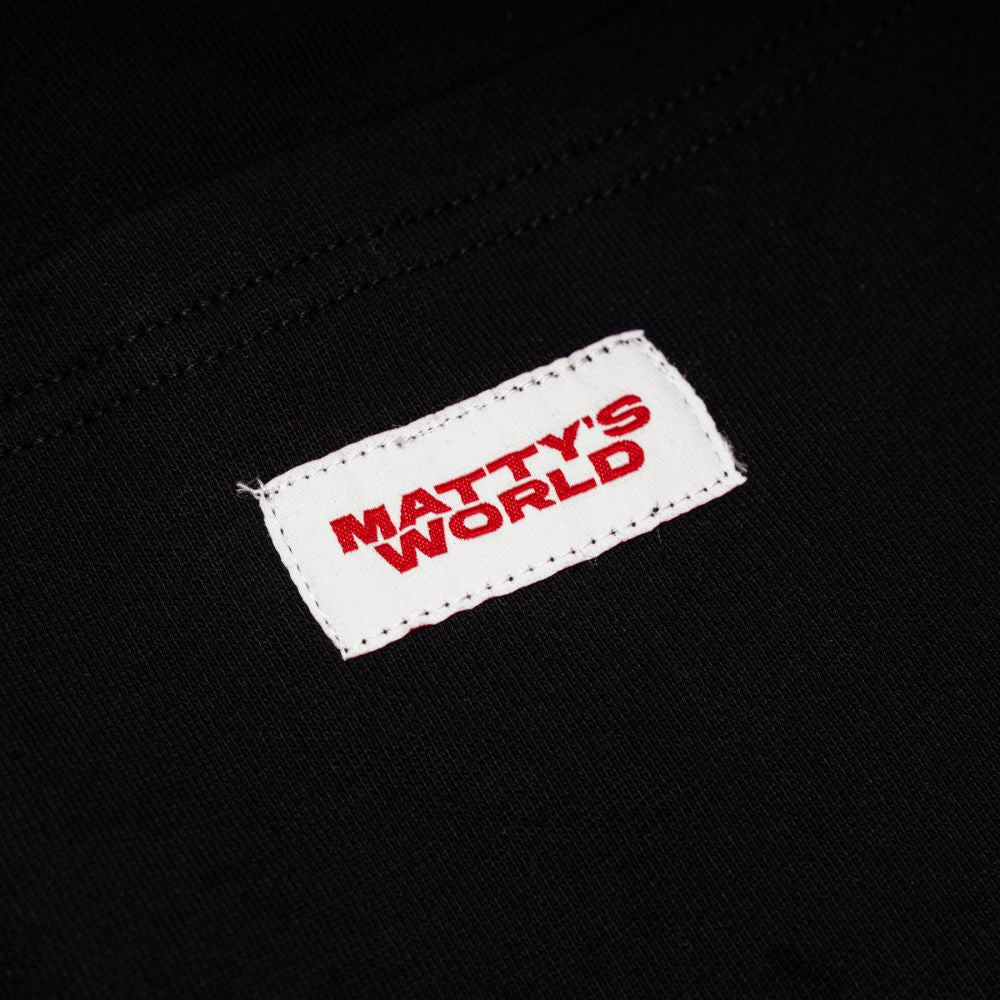 Back Pocket Label with 'Matty's World' text on a black background