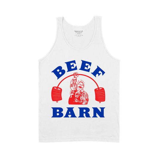 White tank top with 'Beef Barn' graphic design on a white background