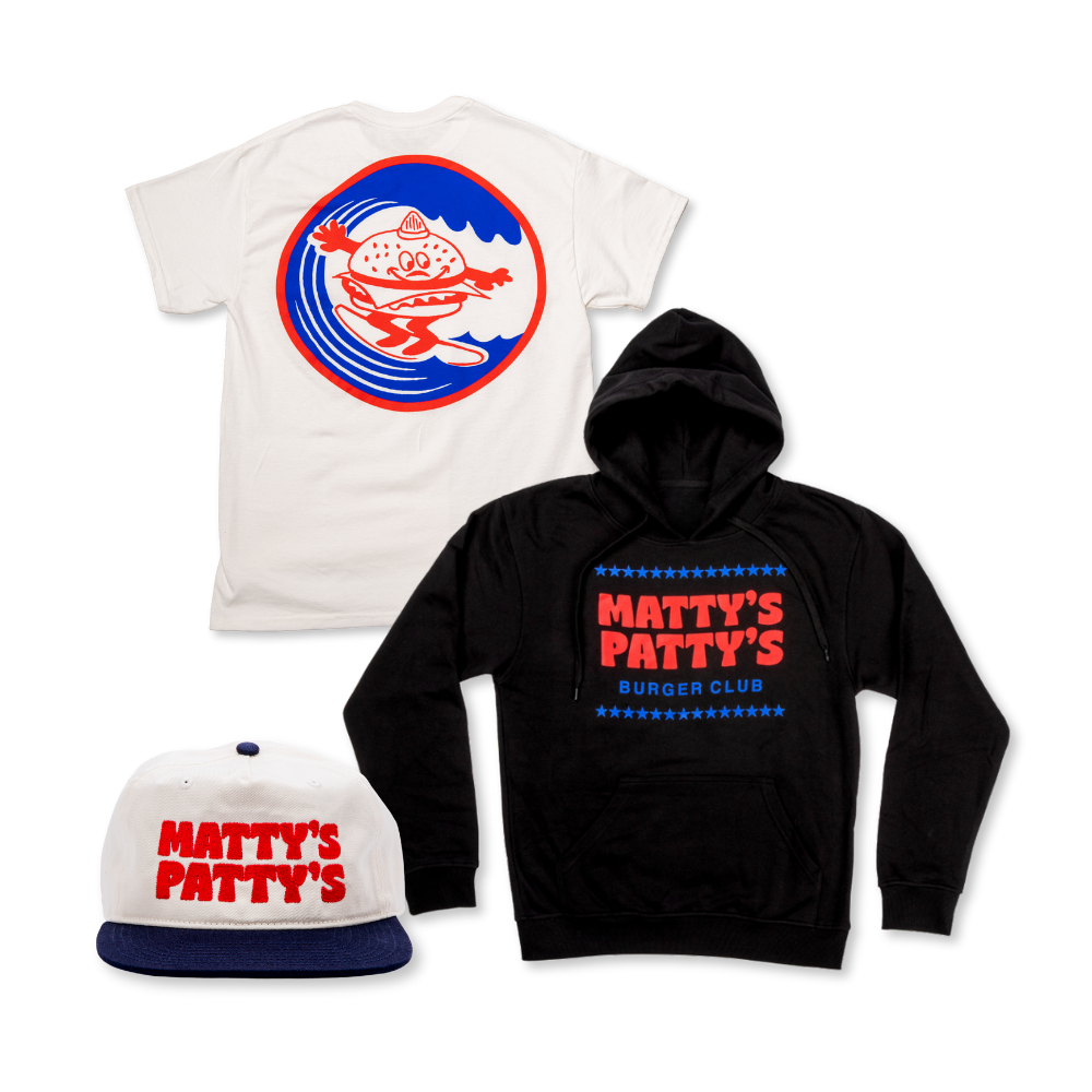 White t-shirt, black hoodie, and white cap with 'Matty's Patty's' branding on a white background.