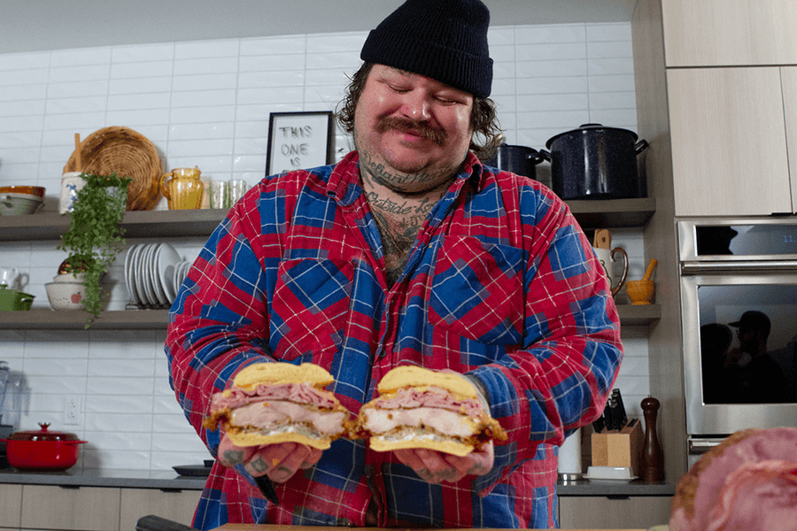 Matty Matheson with a Fried Chicken Sandwich