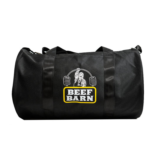 A black duffle bag with the 'Beef Barn' logo printed on the front.