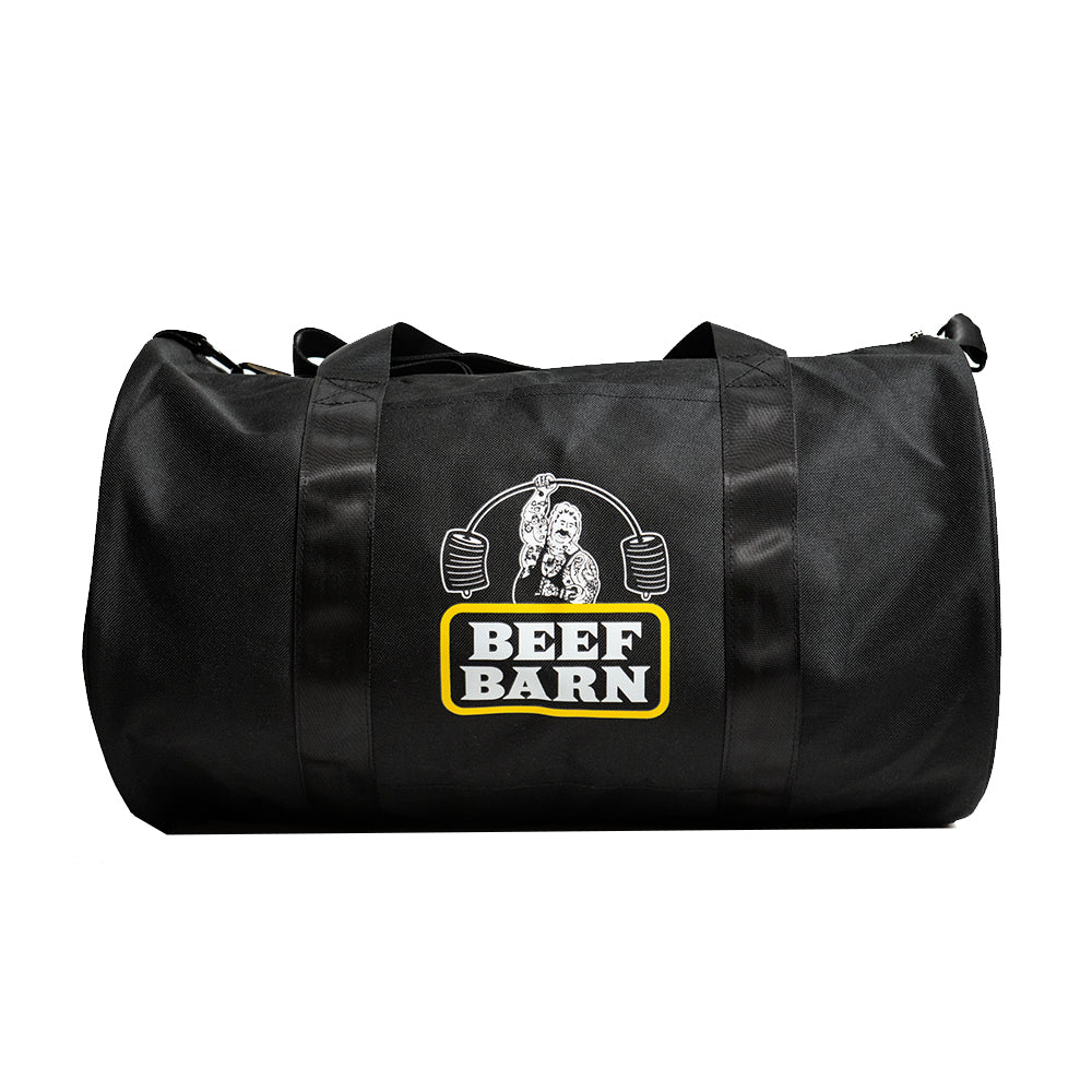 A black duffle bag with the 'Beef Barn' logo printed on the front.