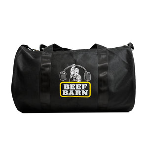 A black duffle bag with the 'Beef Barn' logo printed on the front.