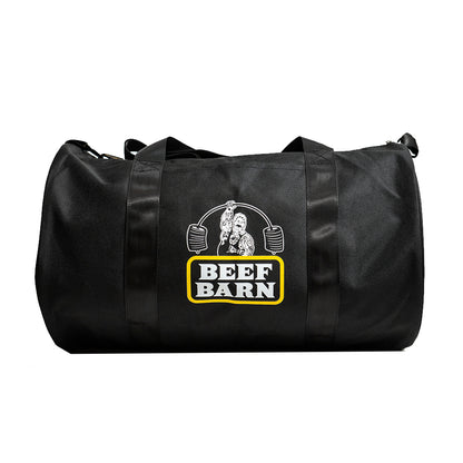 A black duffle bag with the 'Beef Barn' logo printed on the front.