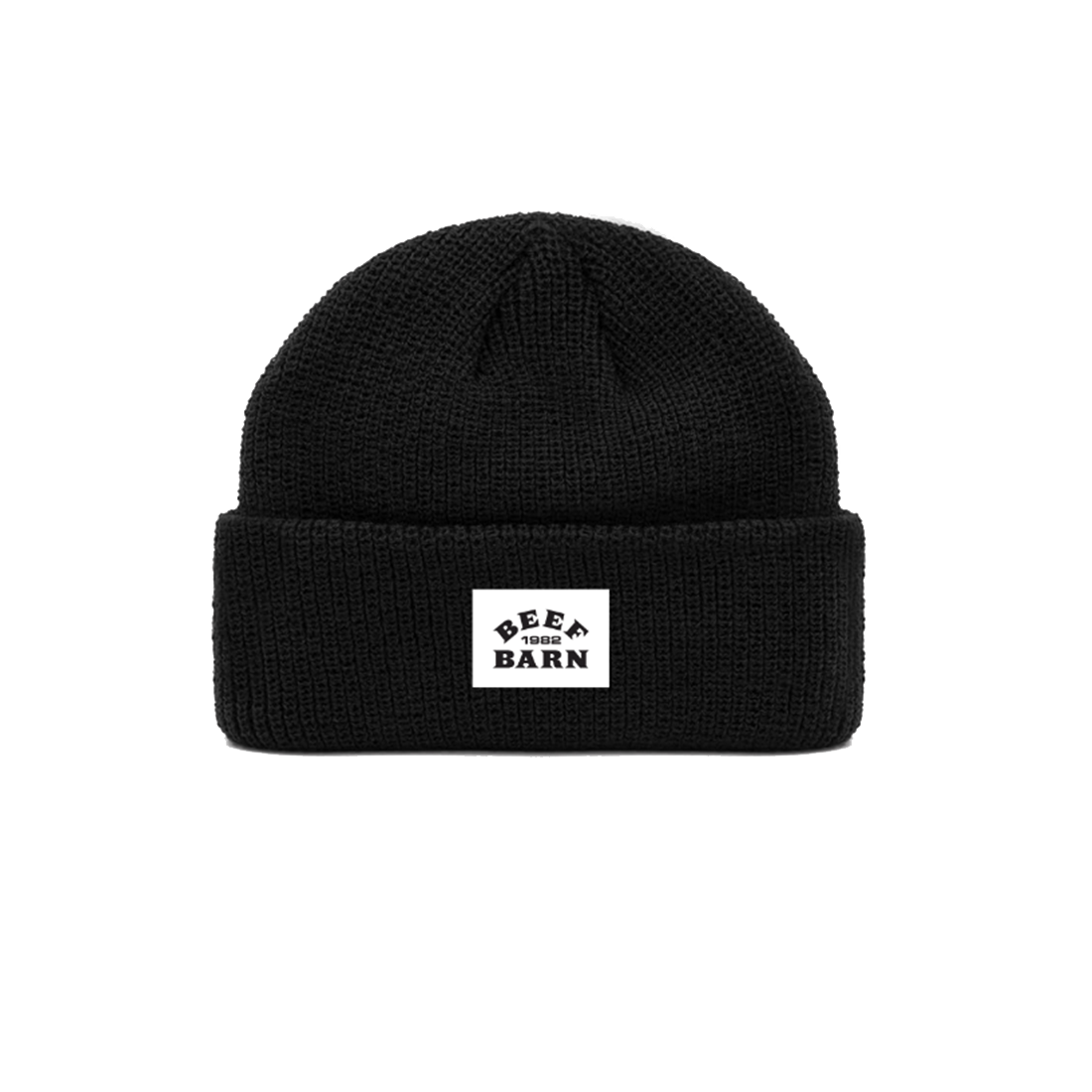 A black acrylic knit beanie with a custom printed tag displaying the text 'BEF BARN' on the front.