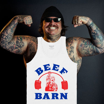 Man flexing muscles wearing a white tank top with 'Beef Barn' graphic