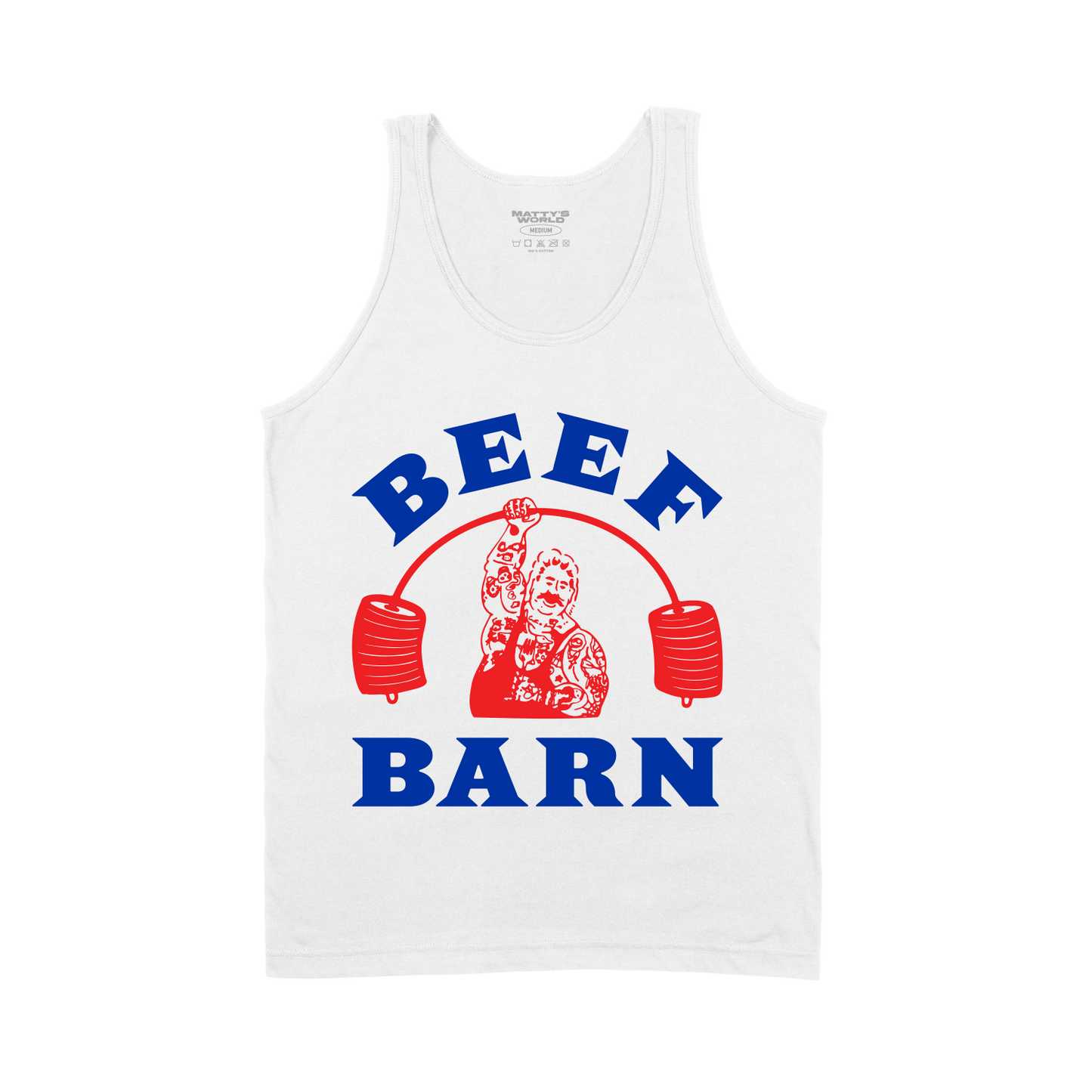 White tank top with 'Beef Barn' graphic design on a white background