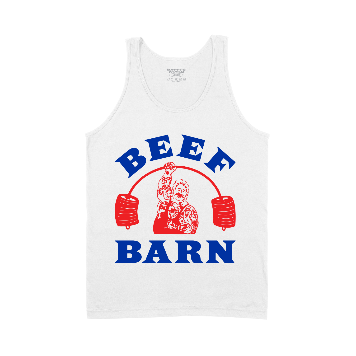 White tank top with 'Beef Barn' graphic design on a white background