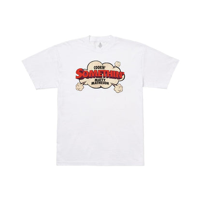 Cookin' Somethin' Original T-Shirt featuring a white cotton tee with vintage-style cooking show graphic design in red and beige tones, displaying retro cloud-shaped logo with steam puffs on the front chest area of the shirt