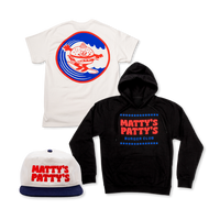White t-shirt, black hoodie, and white cap with 'Matty's Patty's' branding on a white background.