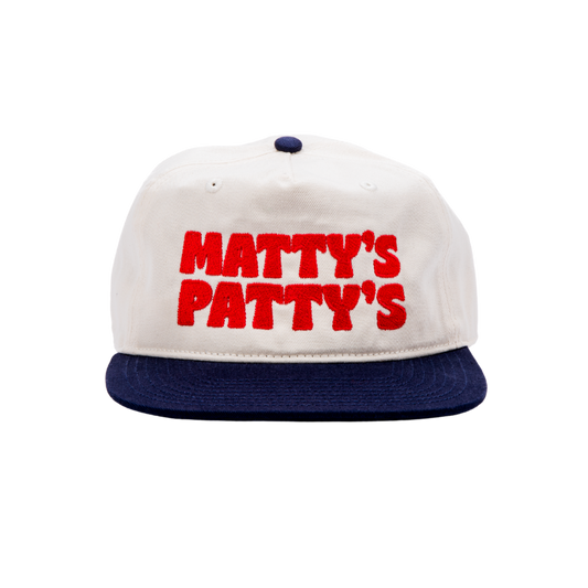 White cap with red text 'MATTY'S PATTY'S' and blue bill on a white background