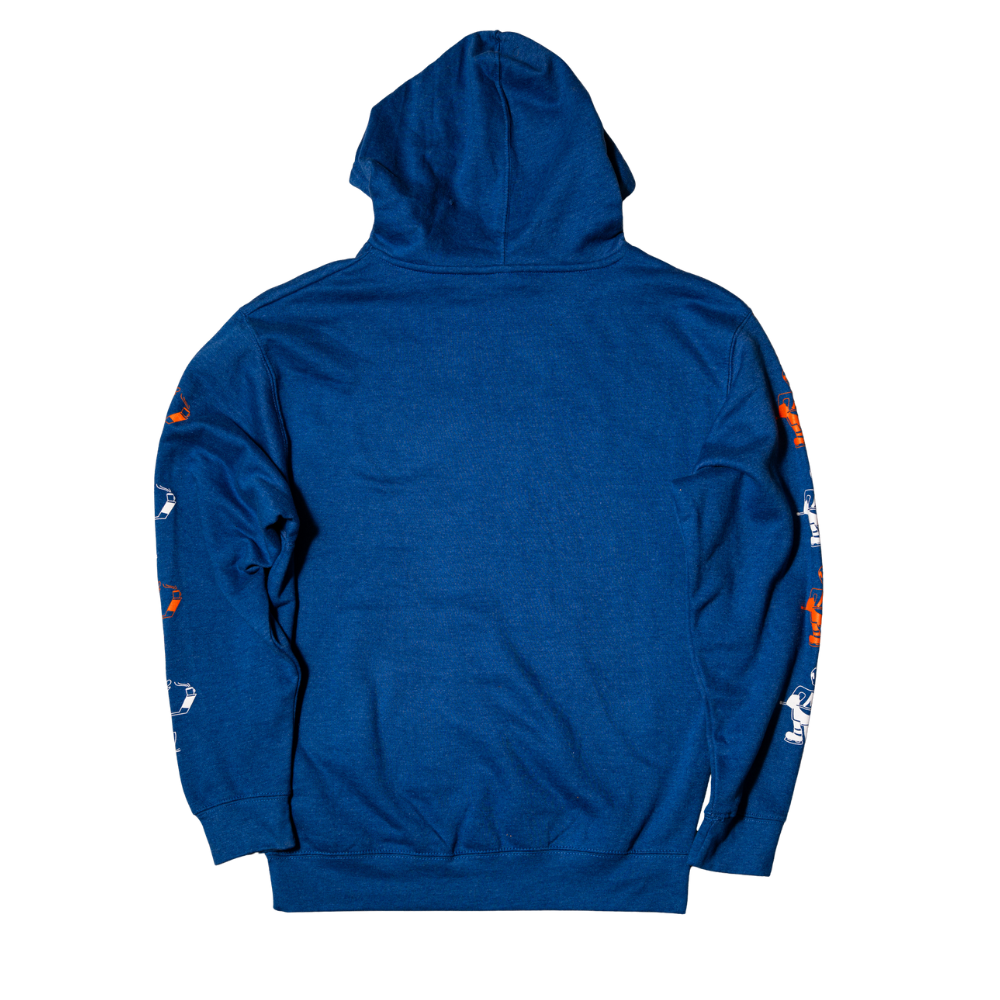 Blue hoodie with white and orange designs on sleeves against a white background