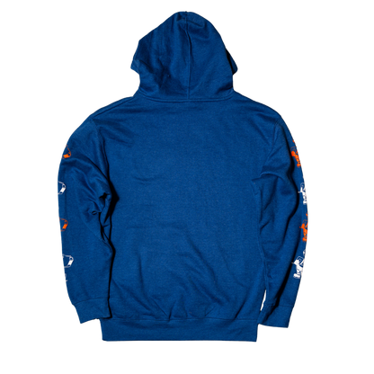 Blue hoodie with white and orange designs on sleeves against a white background