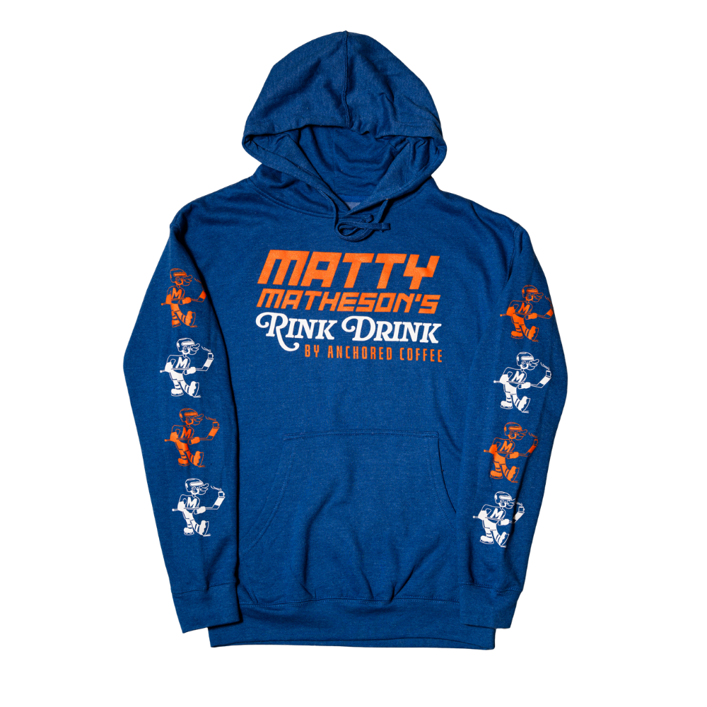 Blue hoodie with orange and white text and graphics on a white background