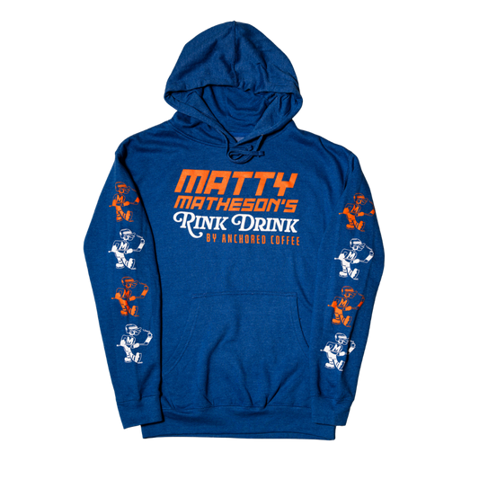 Blue hoodie with orange and white text and graphics on a white background