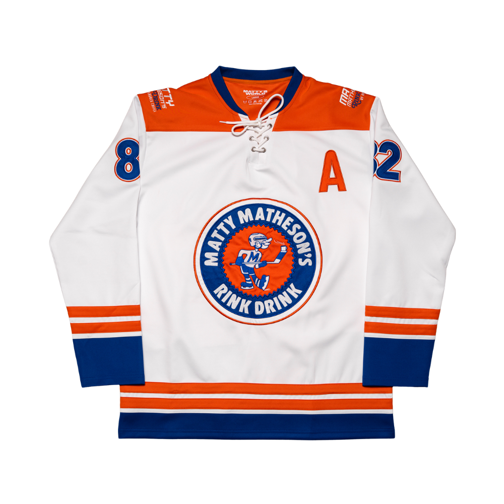 Hockey jersey with Matty Matheson's Rink Drink logo on a white background