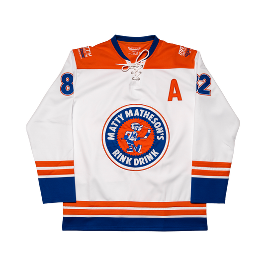 Hockey jersey with Matty Matheson's Rink Drink logo on a white background