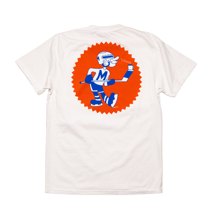 White t-shirt with a colorful graphic of a hockey player on the back, displayed on a white background.
