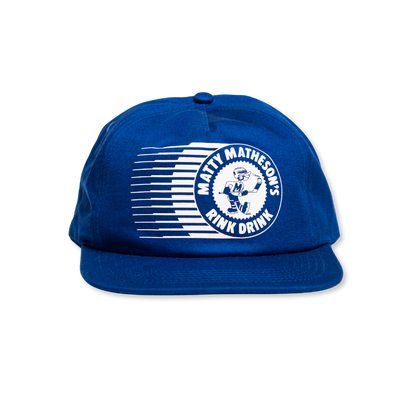 Blue cap with white logo and text on a white background