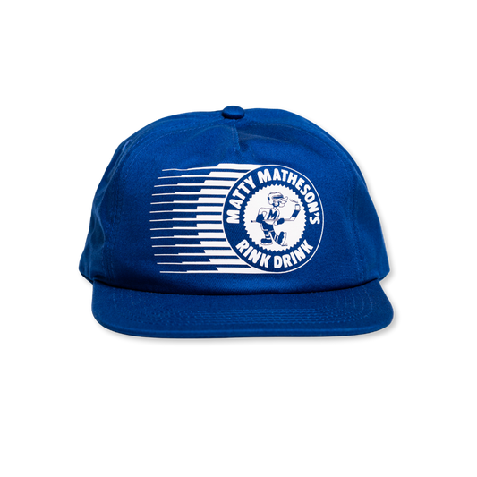 Blue cap with white logo and text on a white background