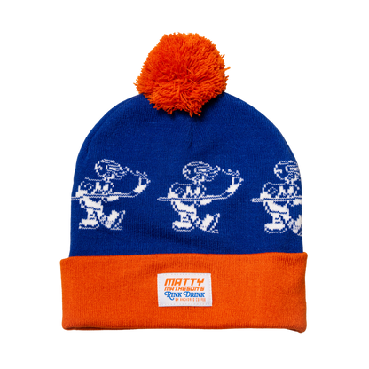 Blue and orange beanie with pom-pom and embroidered design on a white background