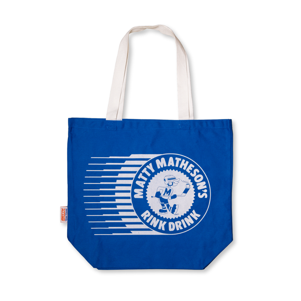 Blue tote bag with white Matty Matheson Rink Drink logo and text on a white background