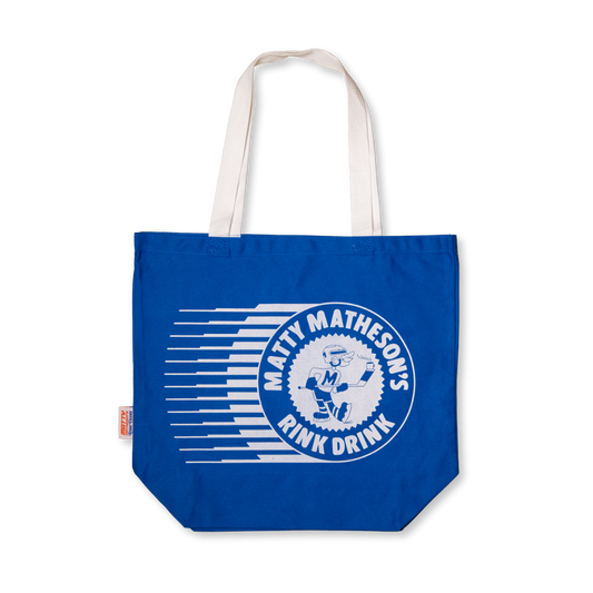 Blue tote bag with white Matty Matheson Rink Drink logo and text on a white background