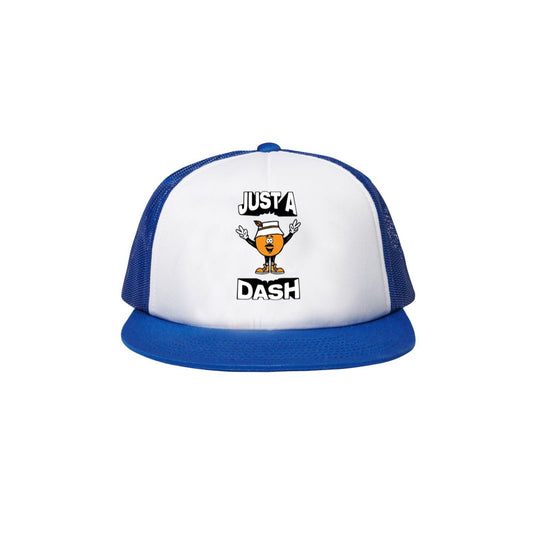Just A Dash Orange Guy Trucker Hat featuring white foam front panel with blue mesh back and matching blue brim. Classic snapback design with cartoon orange character logo printed in black and orange on front.