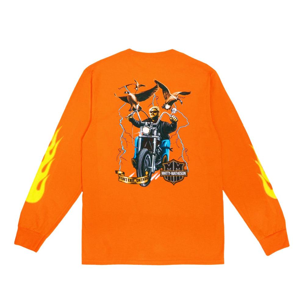 Hog Daddy Long Sleeve Shirt featuring a motorcycle rider design with eagles on bright orange cotton fabric, flame graphics on sleeves, and custom back print motorcycle artwork in black and white details